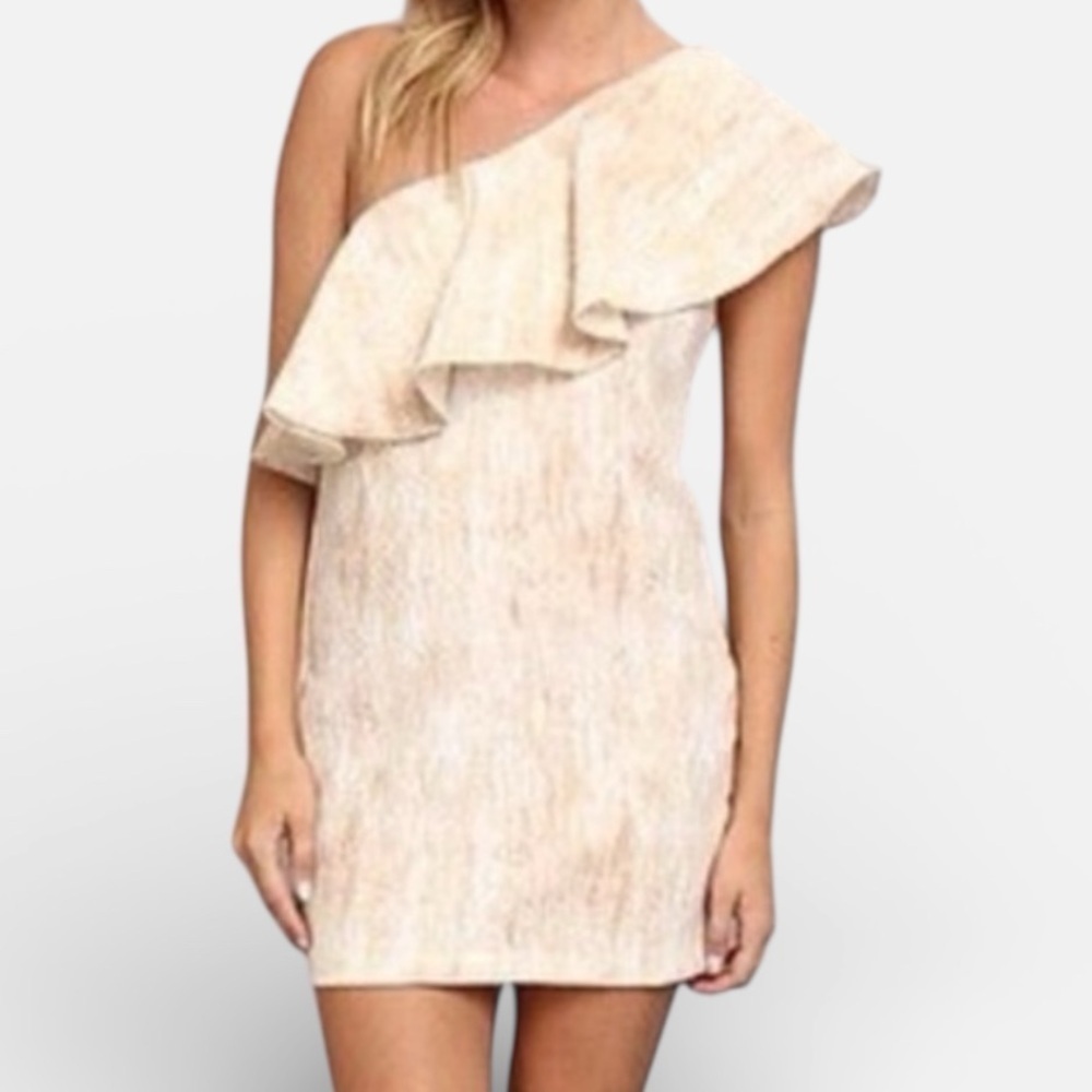 BCBGeneration Cream White Printed One-Shoulder Ruffle Mini Dress SIZE 2 NWOT - Picture 7 of 8
